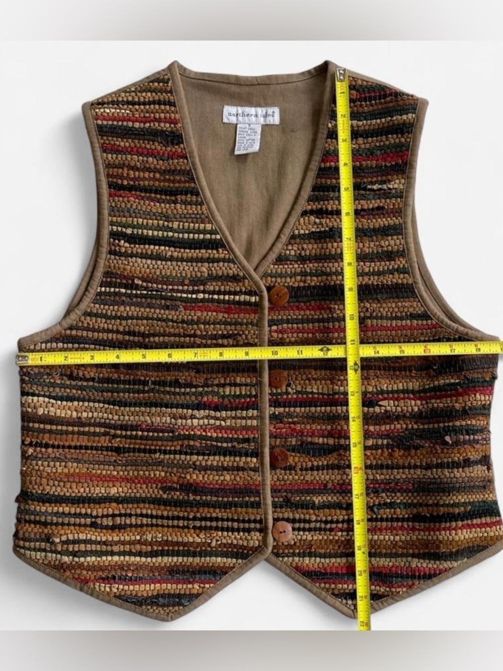 Vintage Northern Isles Multicolored Suede Leather Woven Tan Cotton Vest S - Picture 4 of 6